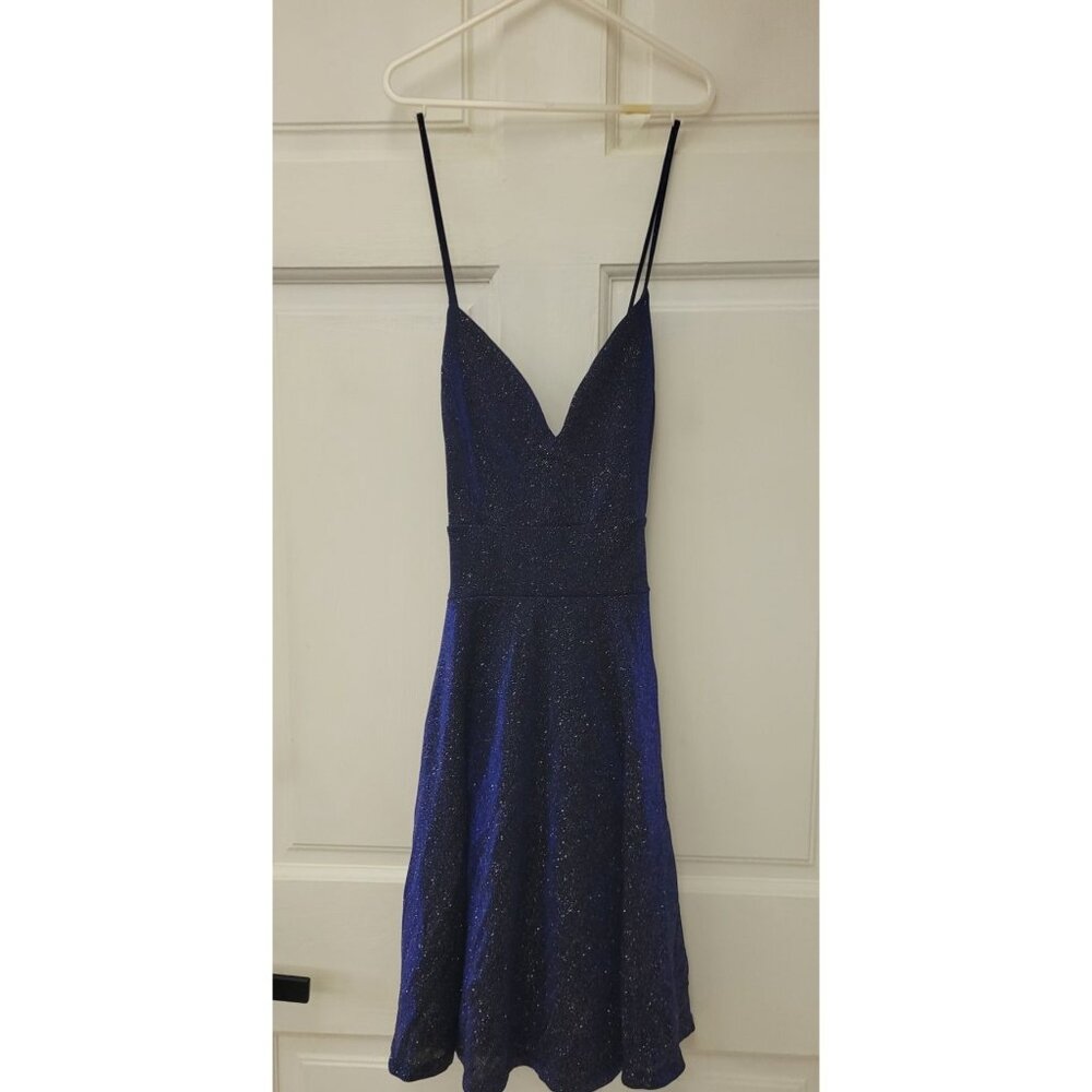 Sparkly Blue Spaghetti Strap Dress With Glitter Detailing & V-Neck Cocktail M